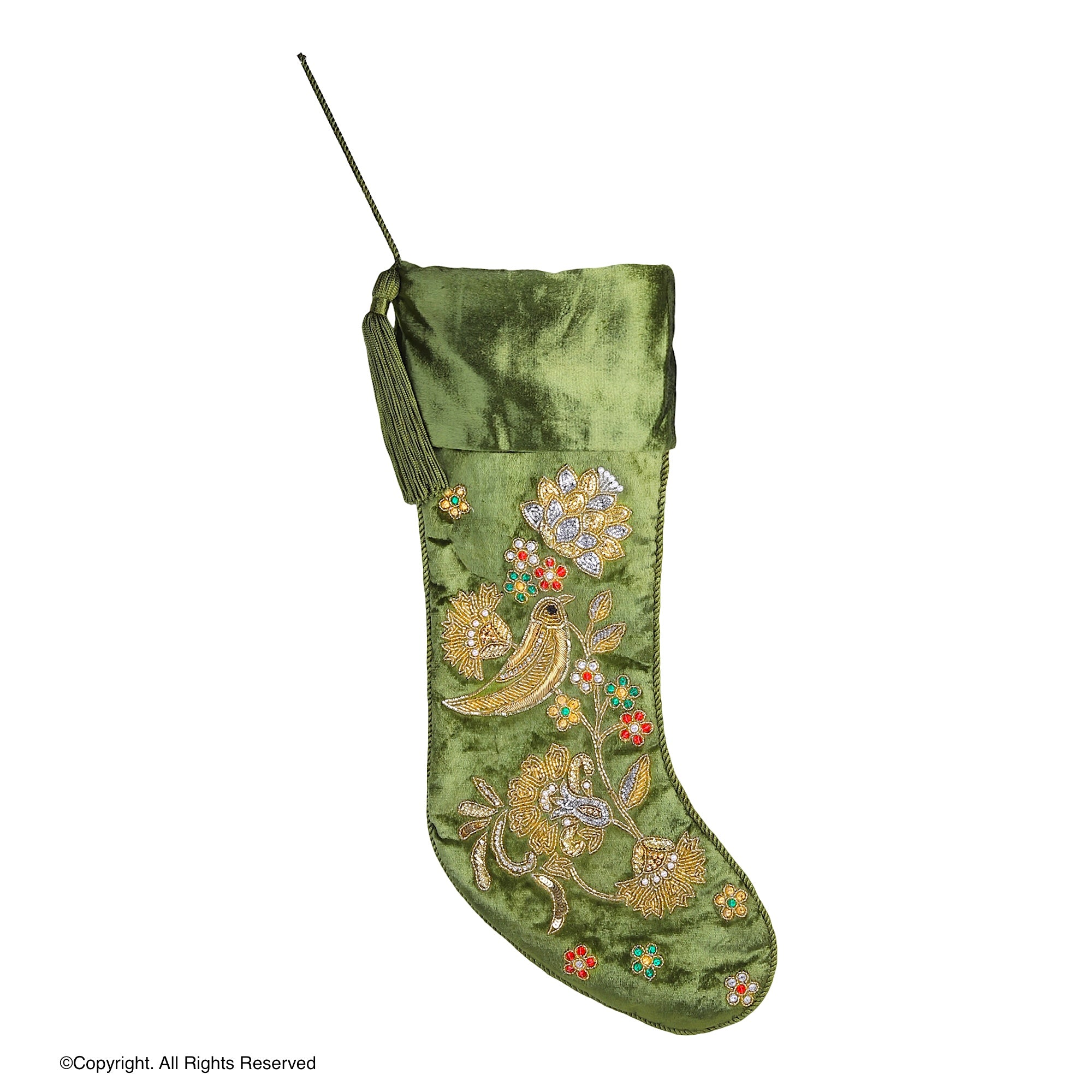 PERSONALISED PARTRIDGE NOEL SONGBIRD GREEN VELVET CHRISTMAS STOCKING