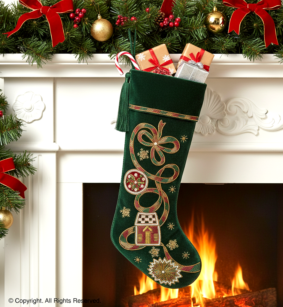 PERSONALISED HOLIDAY RIBBON GREEN VELVET CHRISTMAS STOCKING