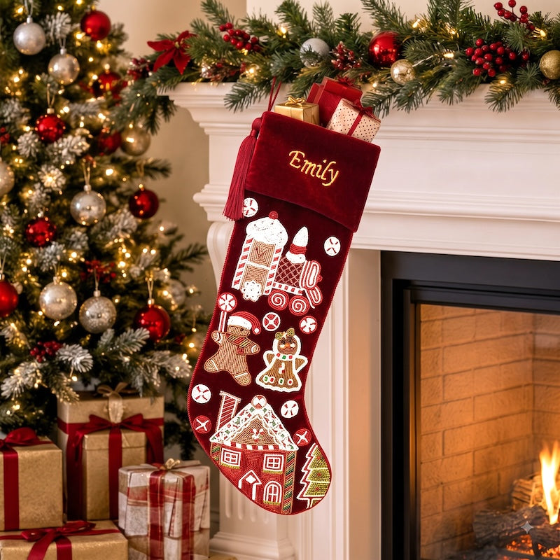 PERSONALISED GINGERBREAD DARK RED VELVET CHRISTMAS STOCKING