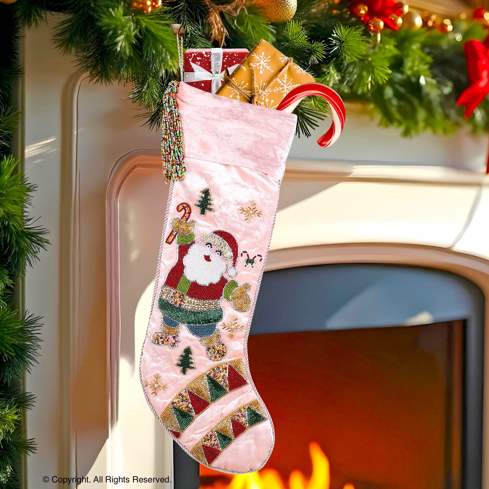 PERSONALISED SANTA DANCE PARTY PINK VELVET CHRISTMAS STOCKING
