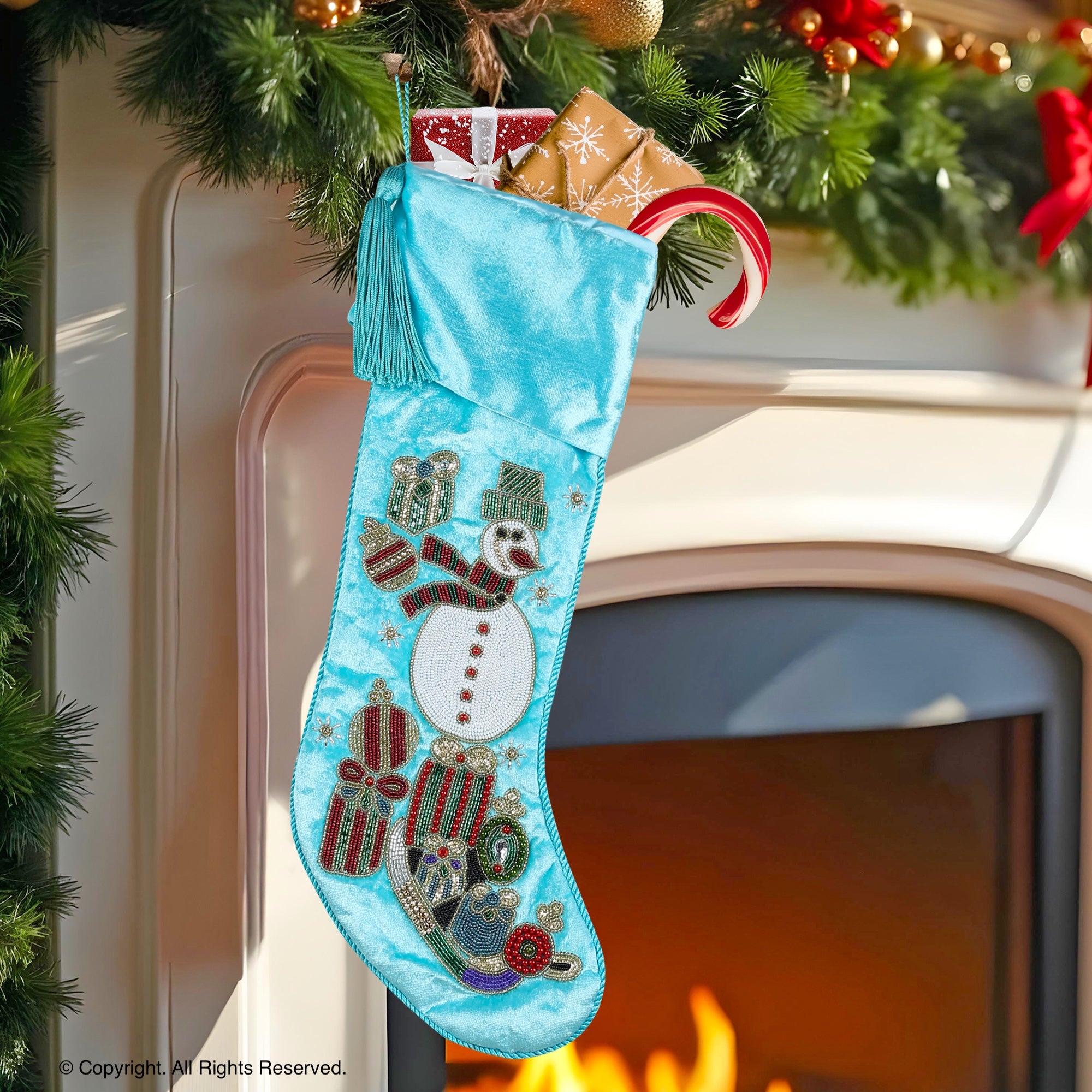 PERSONALISED SNOWMAN BLUE VELVET CHRISTMAS STOCKING