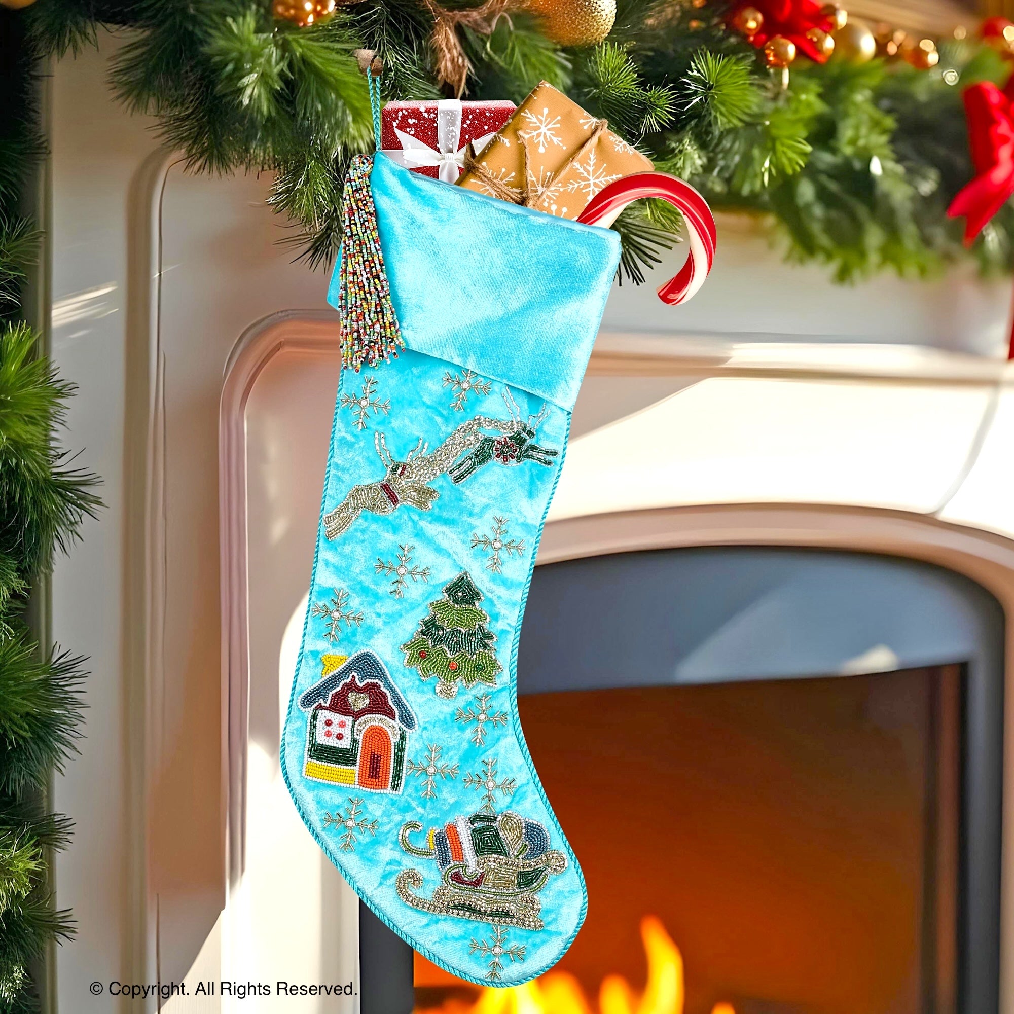 PERSONALISED 'REINDEER OVER THE CITY' BLUE VELVET CHRISTMAS STOCKING