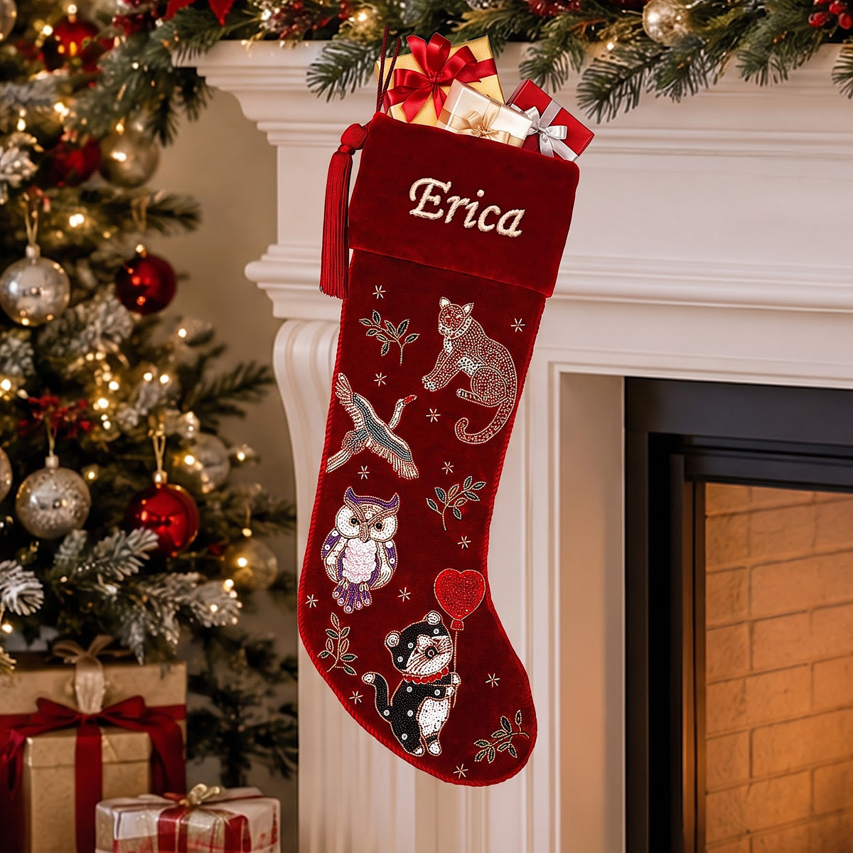 Personalized Beaded Animal Red Velvet Christmas Stocking
