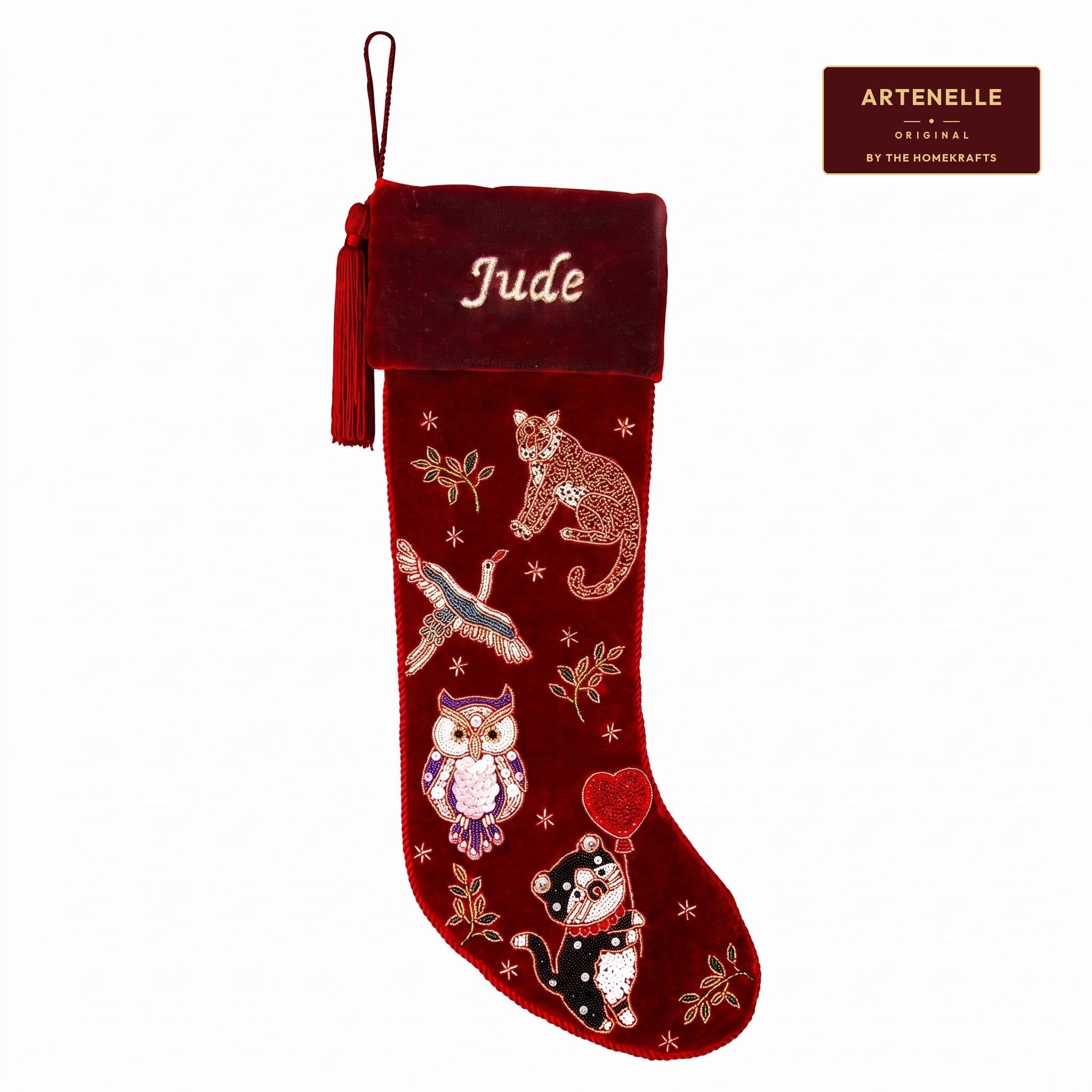 Personalized Beaded Animal Red Velvet Christmas Stocking