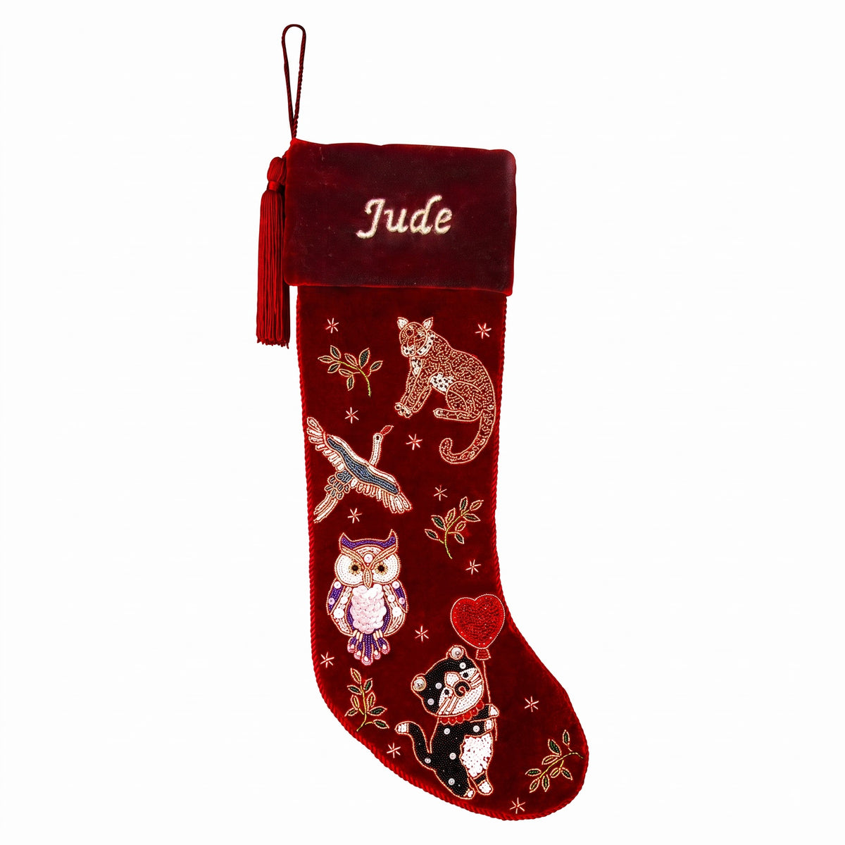 Personalized Beaded Animal Red Velvet Christmas Stocking