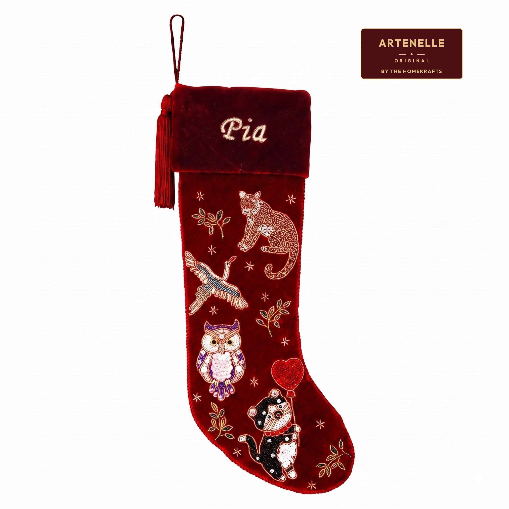 Personalized Beaded Animal Red Velvet Christmas Stocking