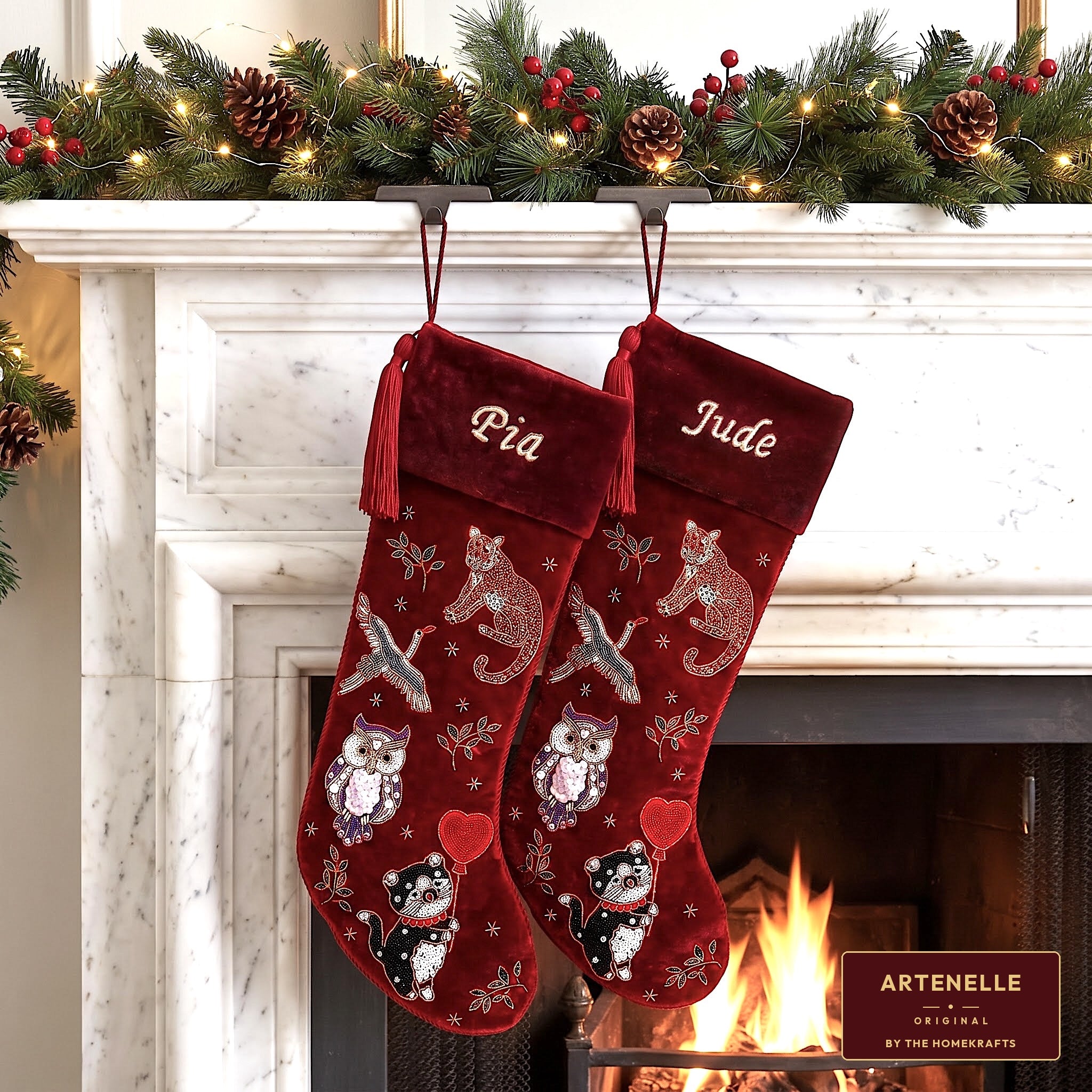 Personalized Beaded Animal Red Velvet Christmas Stocking