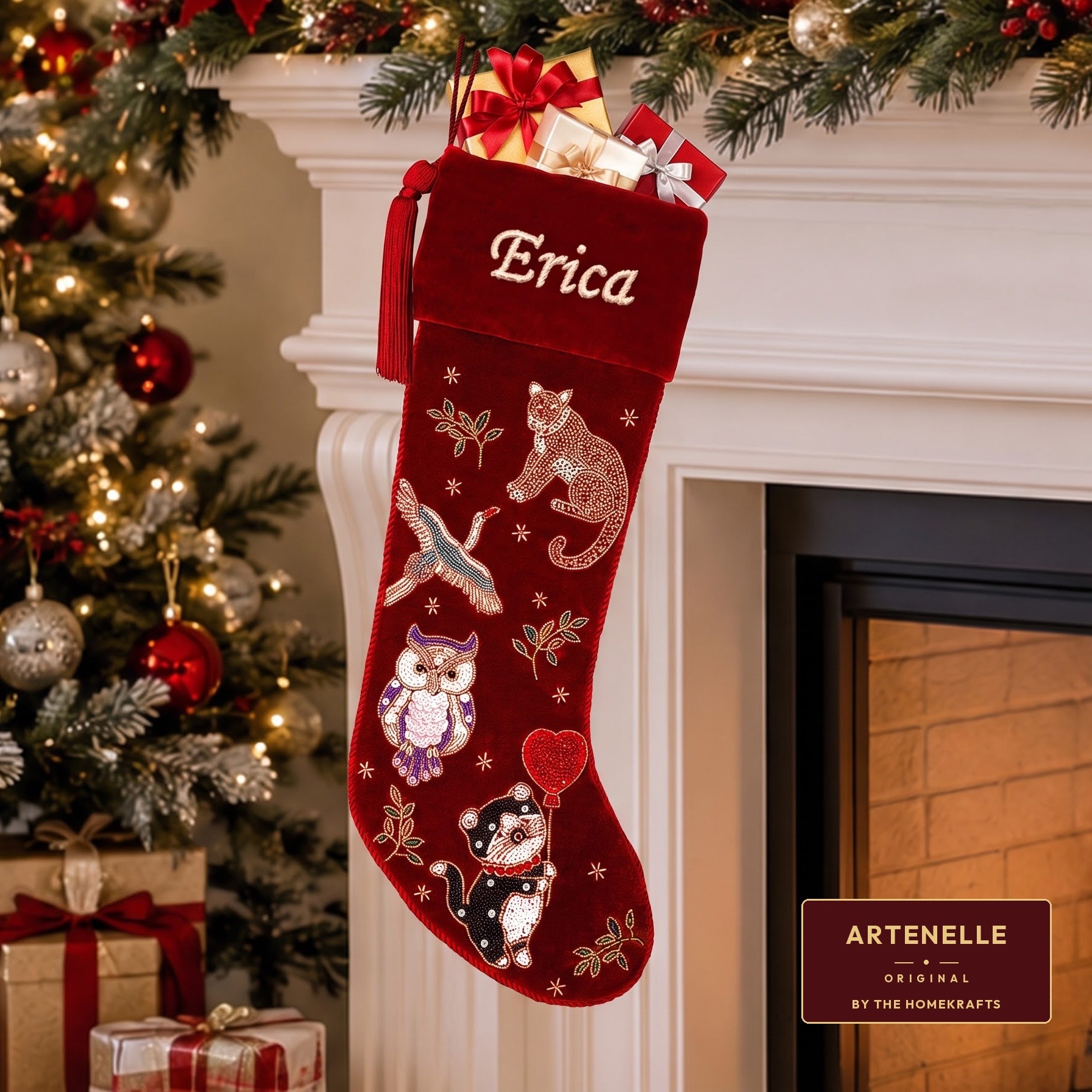 Personalized Beaded Animal Red Velvet Christmas Stocking