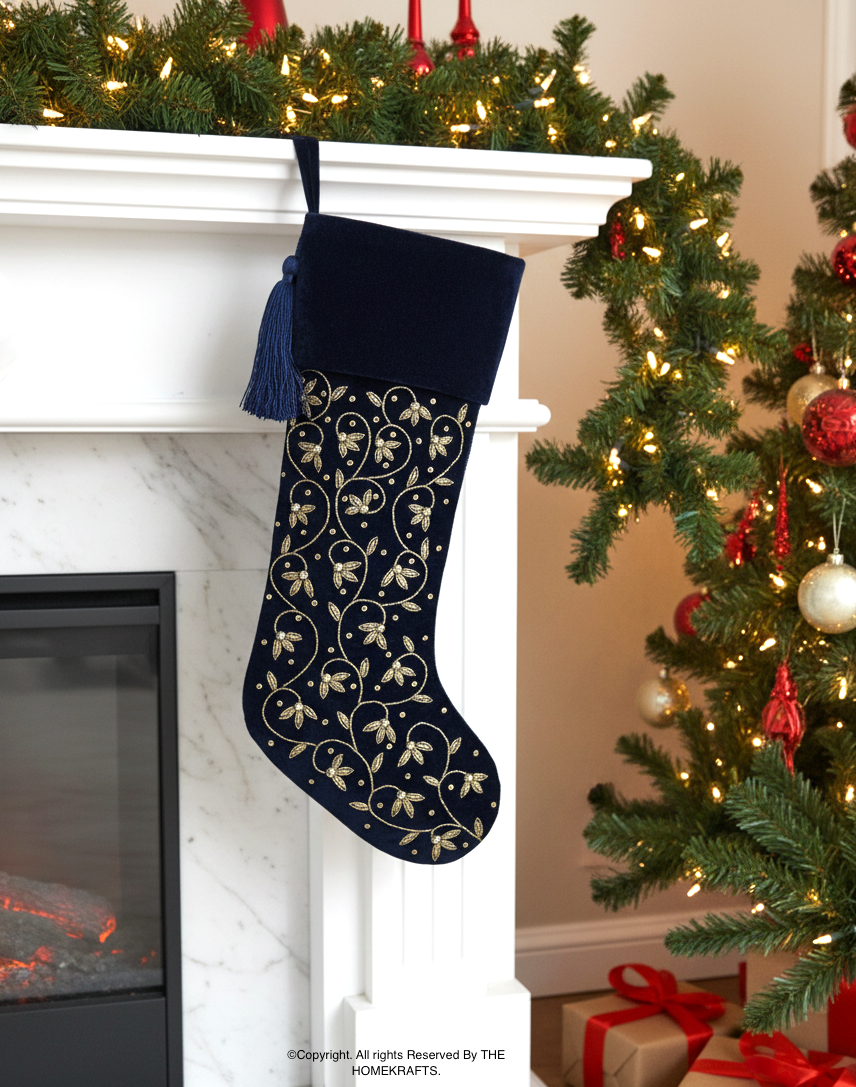 Personalised Intricate leaf Christmas Stocking- Navy Blue Velvet Christmas stocking Embroided with intricate leaf