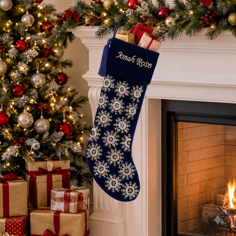 PERSONALISED BEADED SNOWFLAKE NAVY BLUE VELVET CHRISTMAS STOCKING