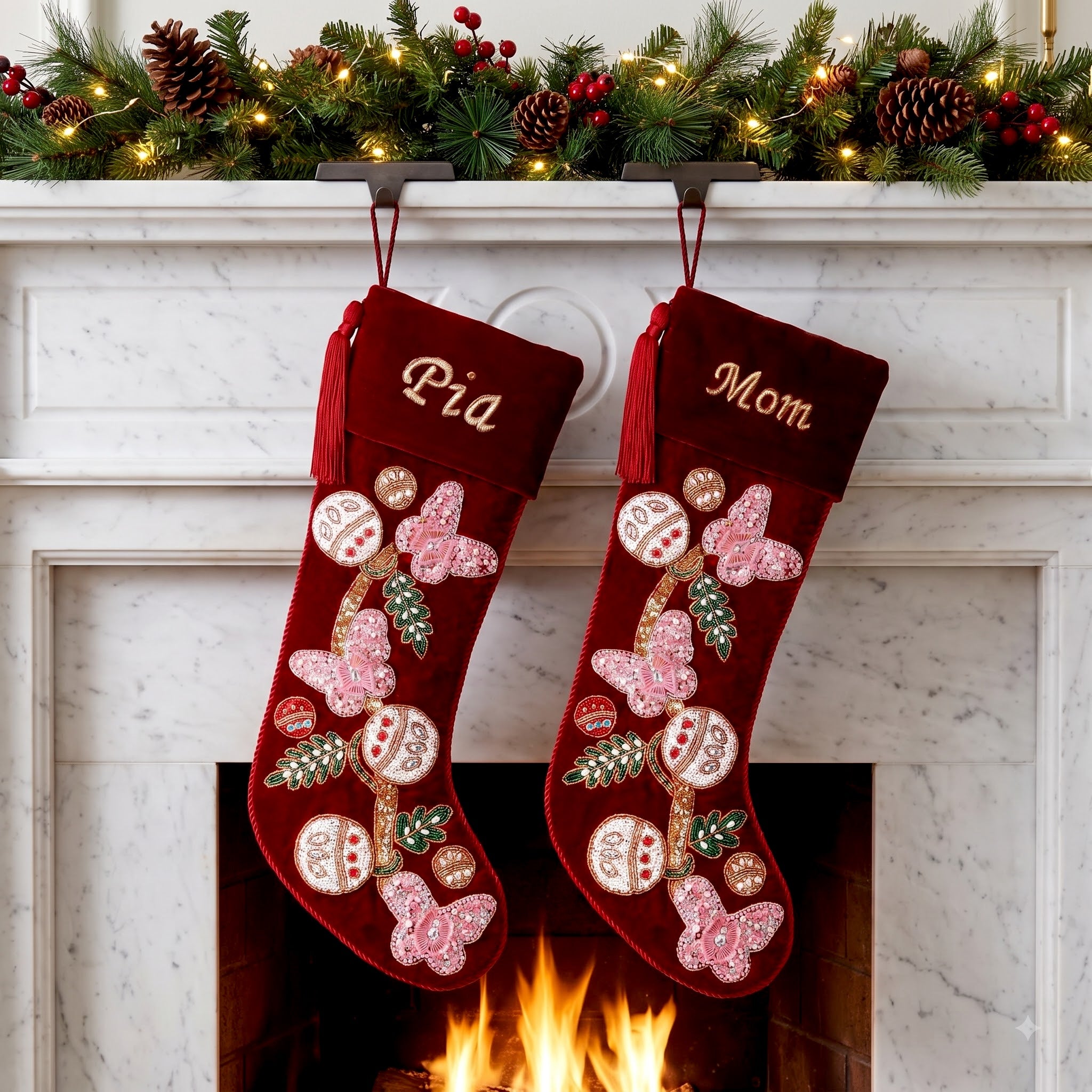PERSONALISED Butterfly RED VELVET CHRISTMAS STOCKING