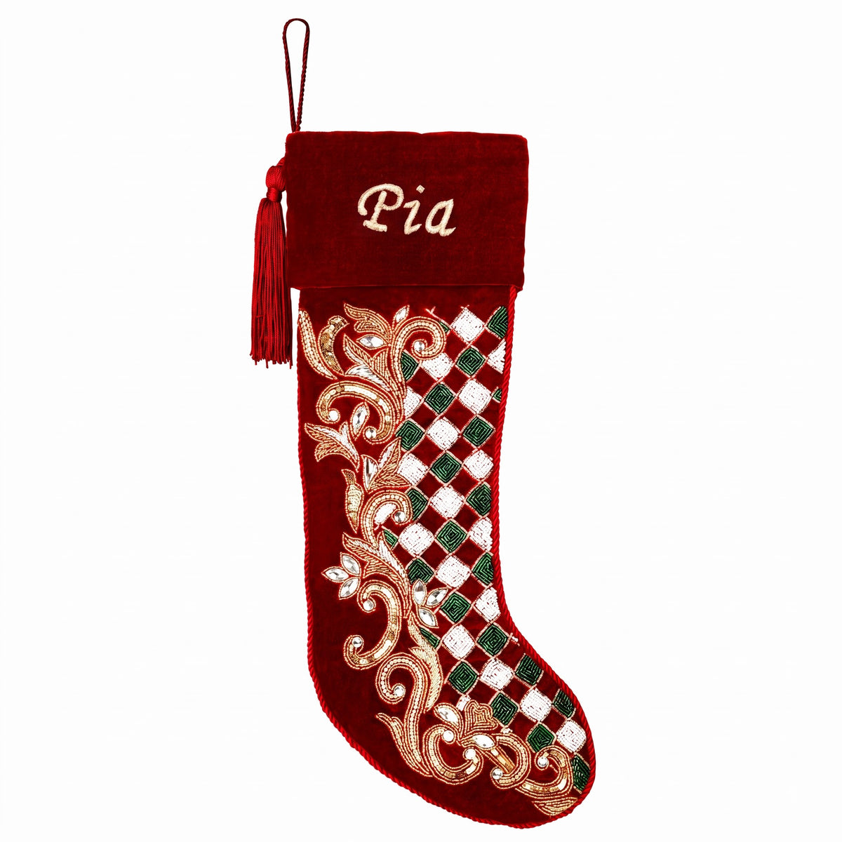 Personalized Holly leaves beaded Red Velvet Christmas stocking