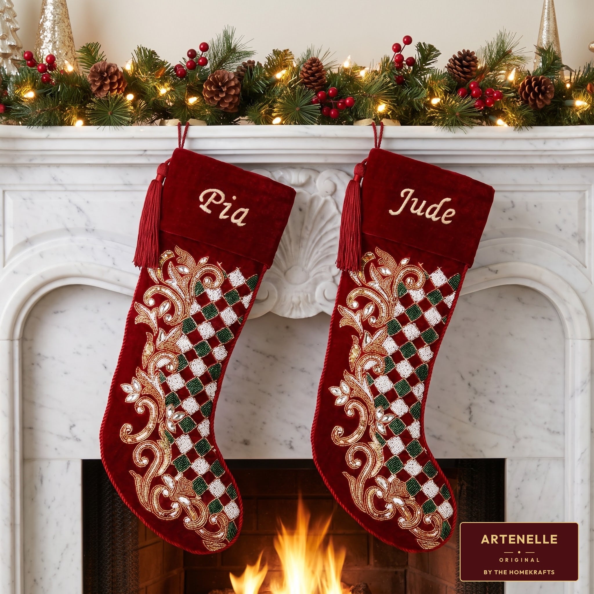 Personalized Holly leaves beaded Red Velvet Christmas stocking