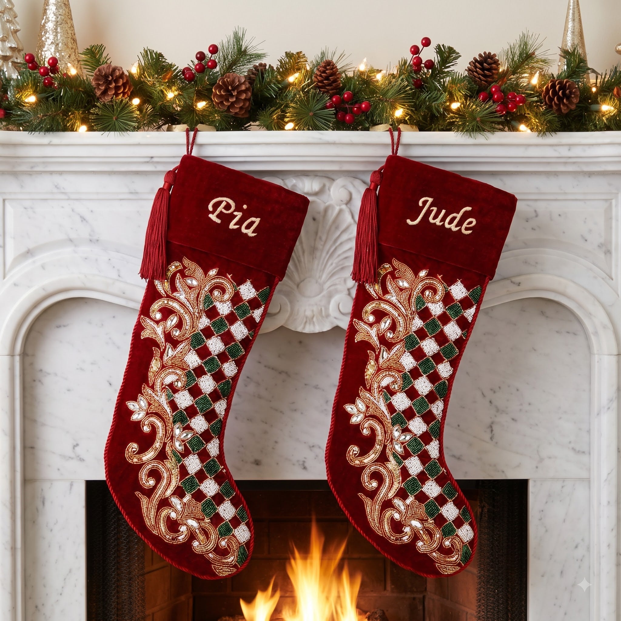 Personalized Holly leaves beaded Red Velvet Christmas stocking