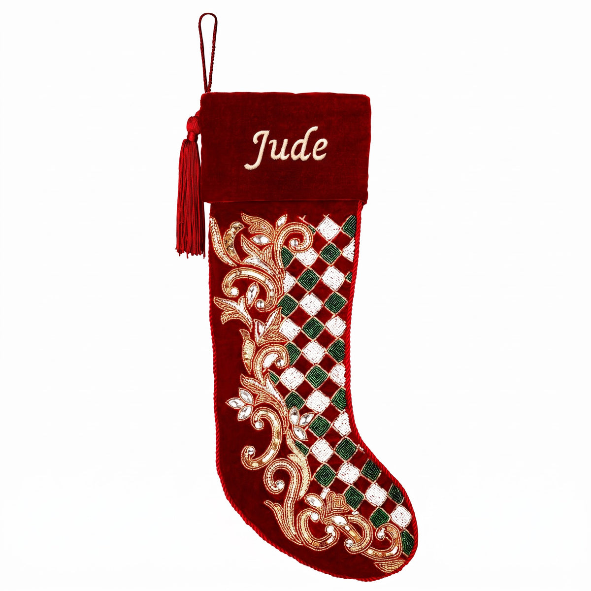 Personalized Holly leaves beaded Red Velvet Christmas stocking