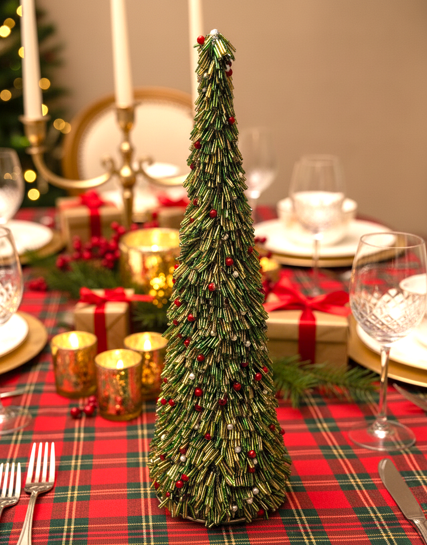 Christmas Cone 18" , green & Golden  HANDMADE BEADED christmas cone