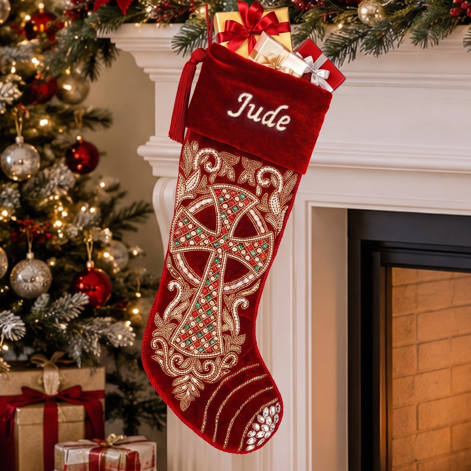 PERSONALISED Grand Cross Beaded Christmas stocking