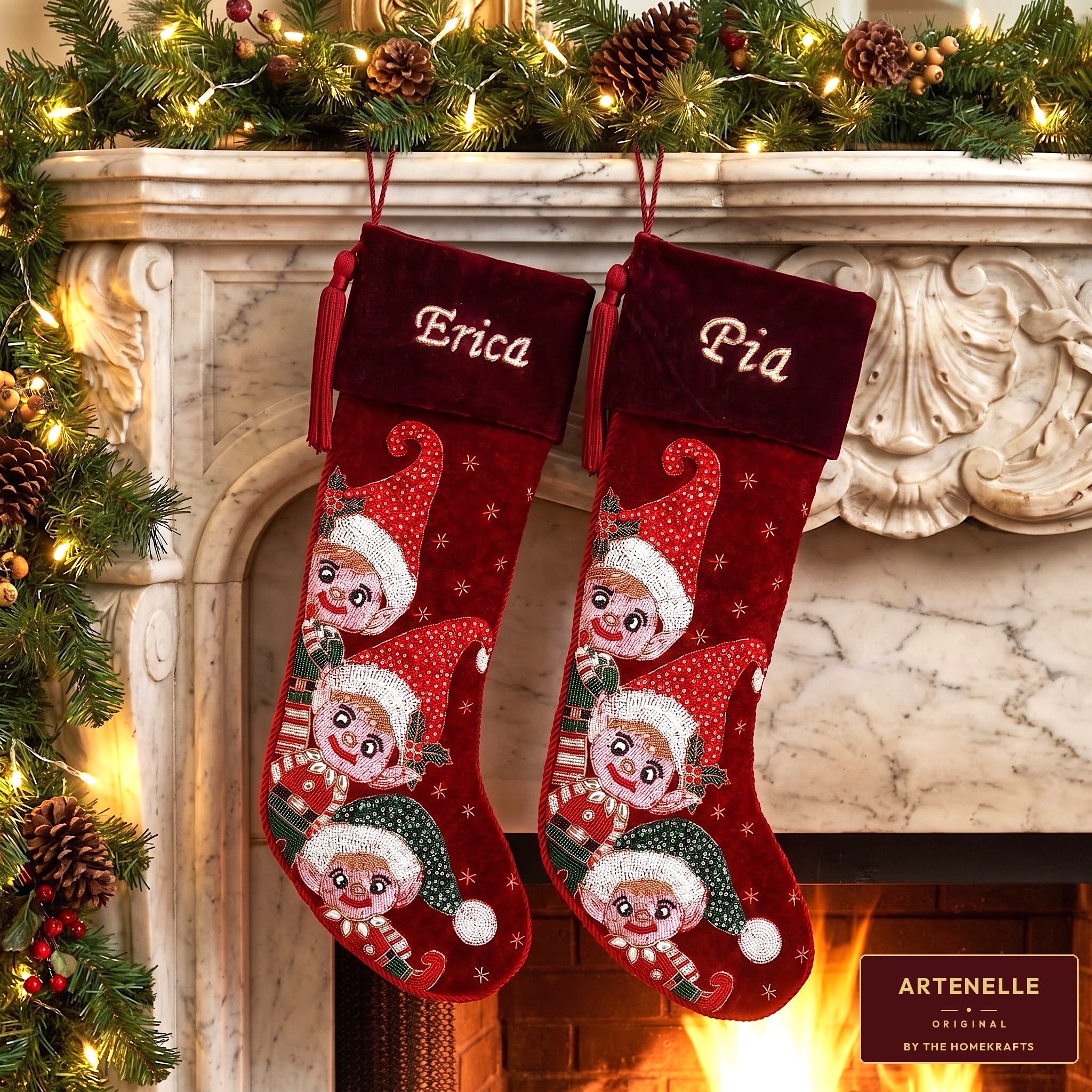 Personalized Beaded Elf Red Velvet Christmas Stocking