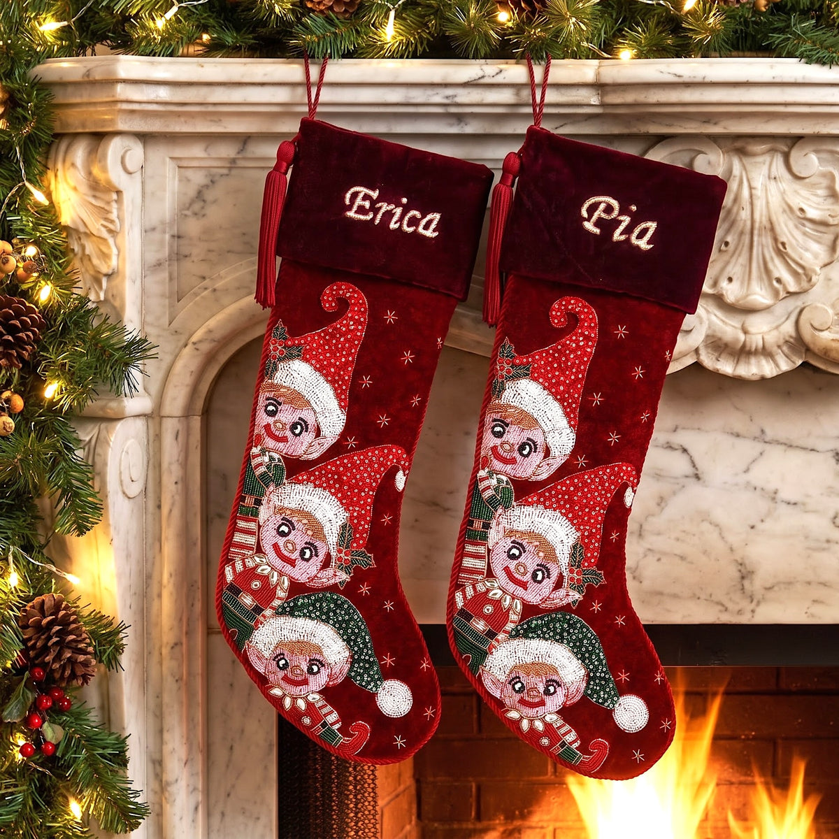 Personalized Beaded Elf Red Velvet Christmas Stocking