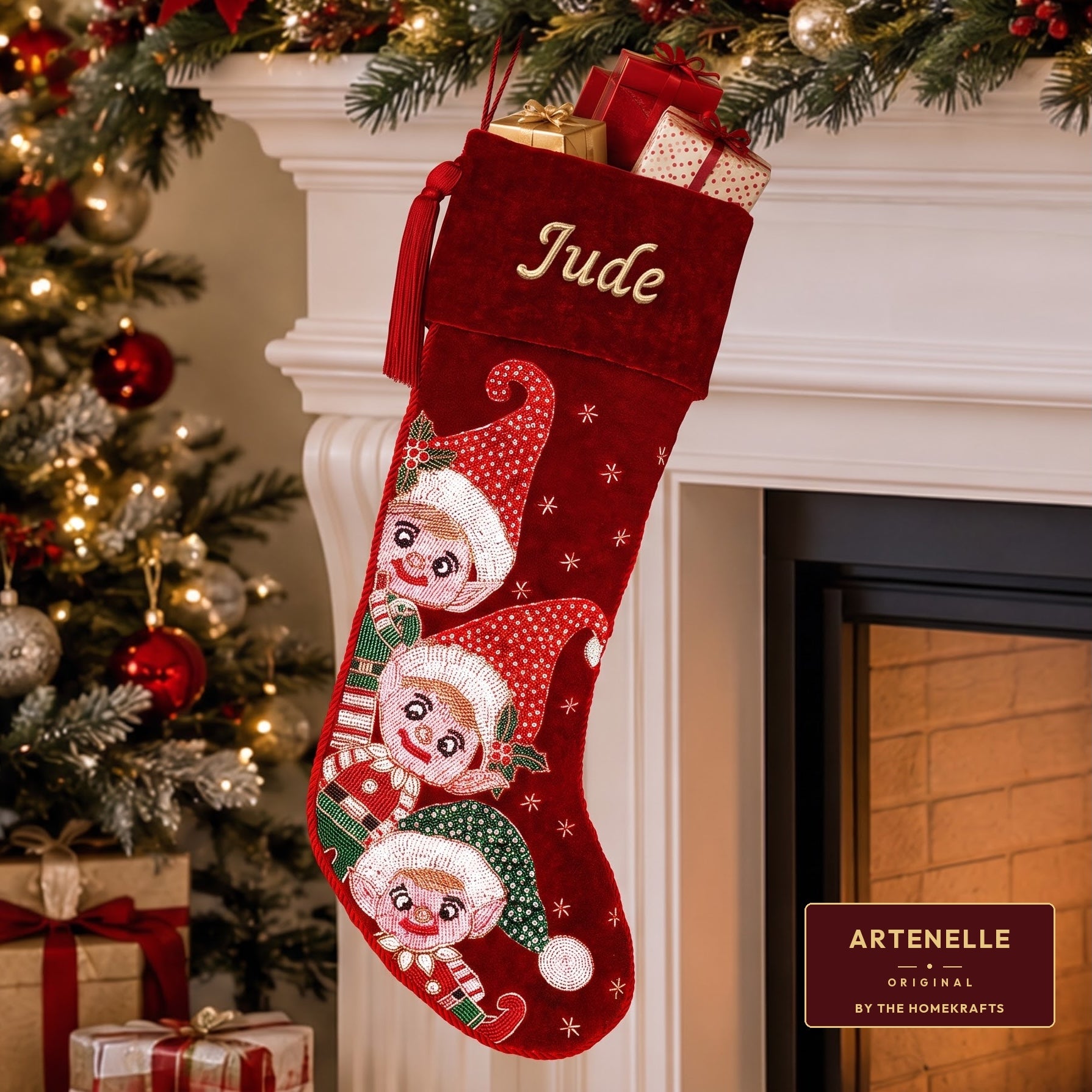 Personalized Beaded Elf Red Velvet Christmas Stocking