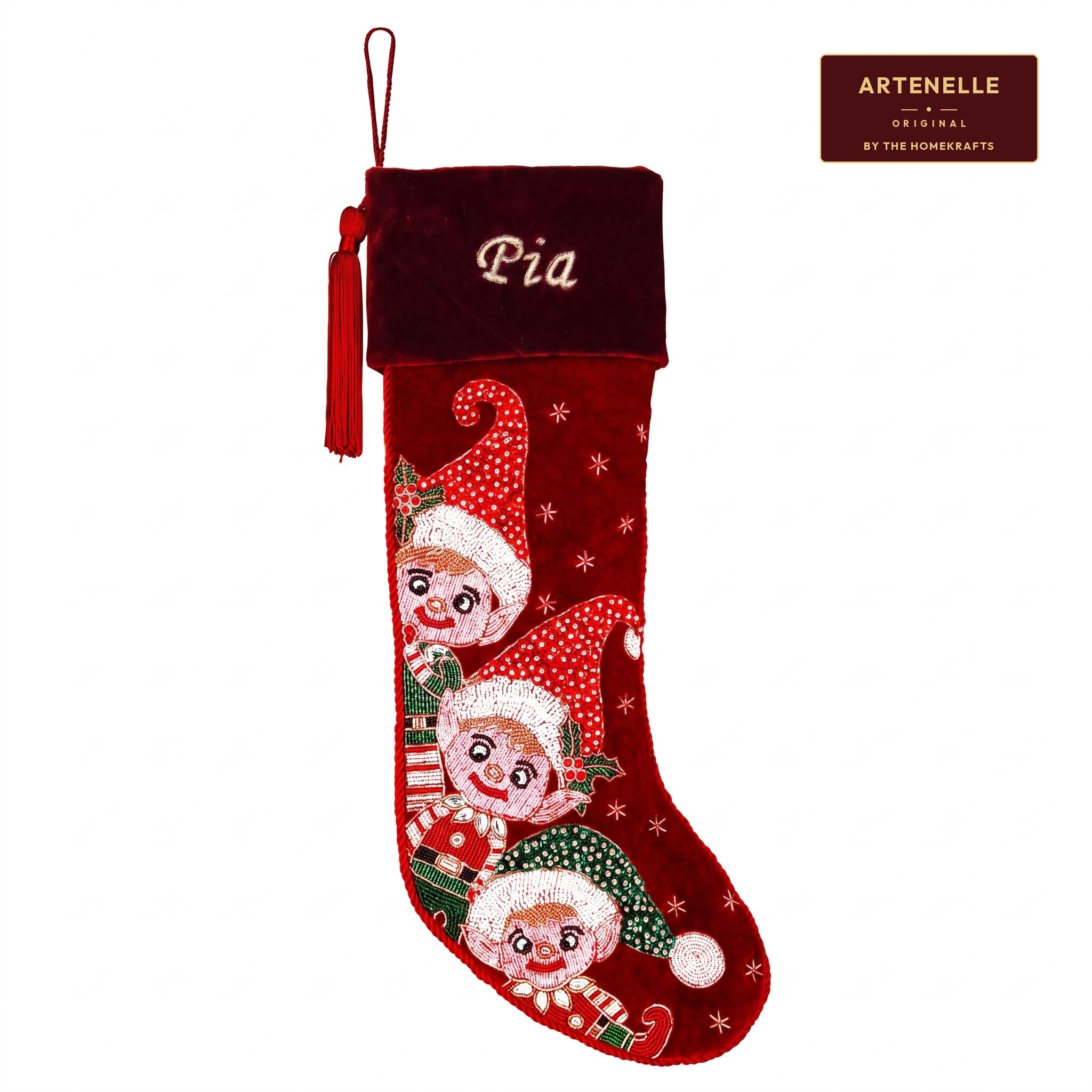 Personalized Beaded Elf Red Velvet Christmas Stocking
