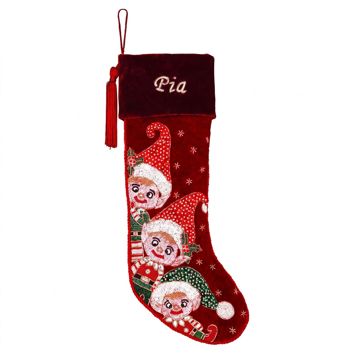 Personalized Beaded Elf Red Velvet Christmas Stocking