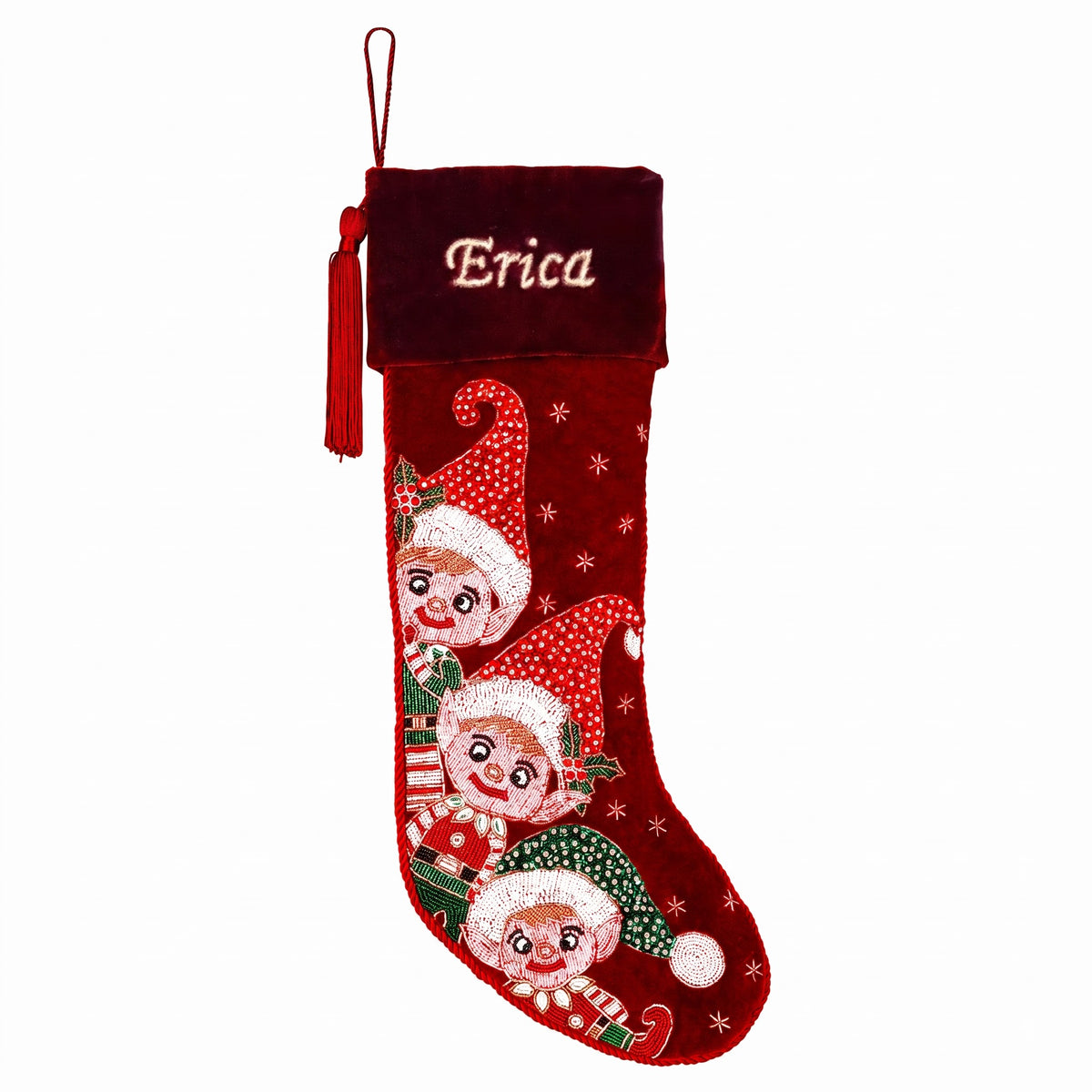 Personalized Beaded Elf Red Velvet Christmas Stocking