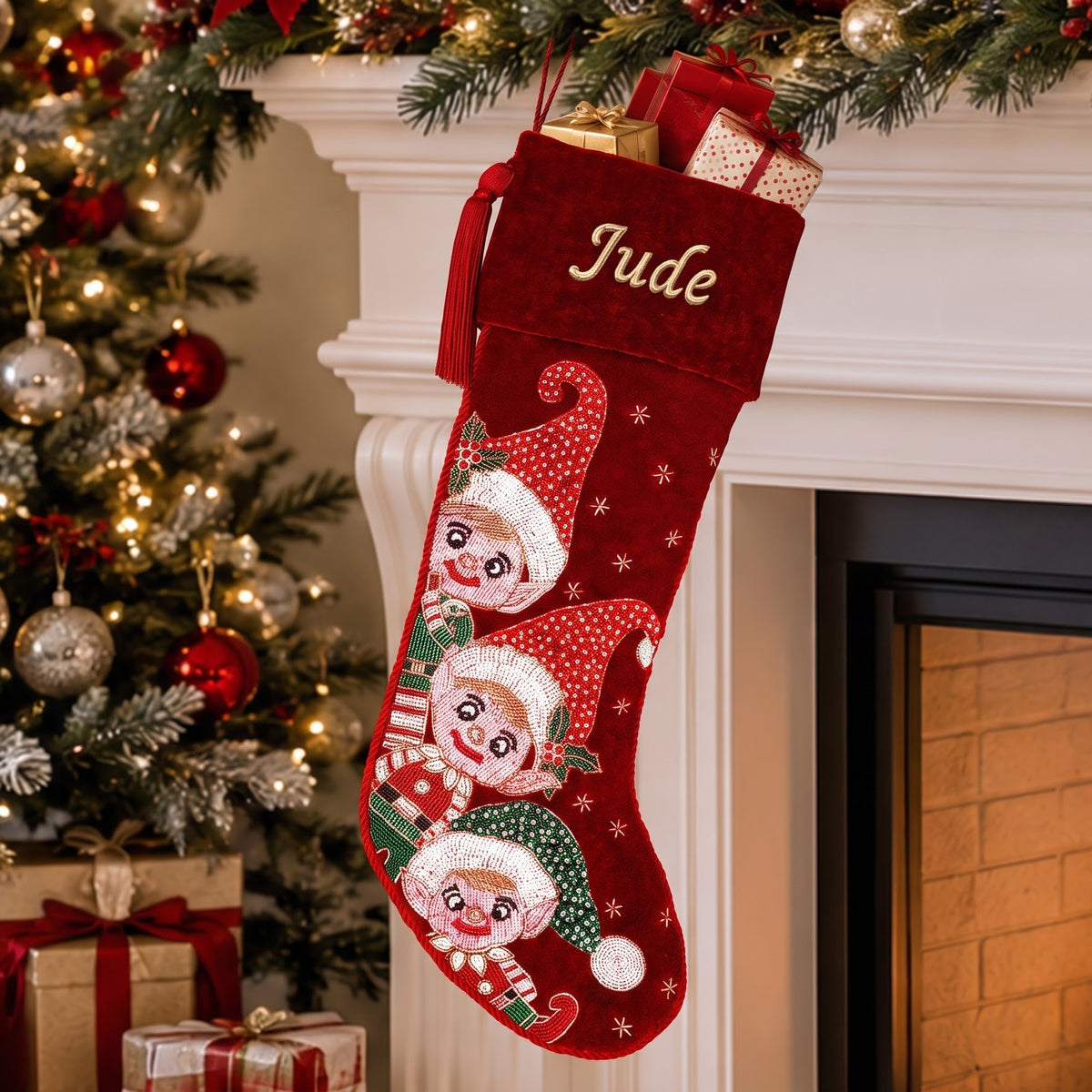 Personalized Beaded Elf Red Velvet Christmas Stocking