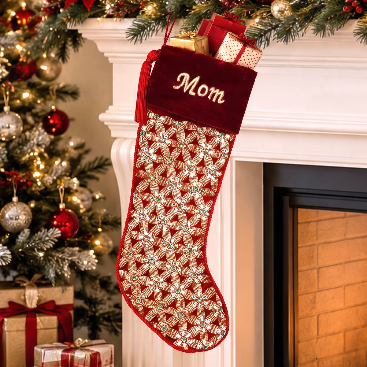 PERSONALISED Holiday Mosaic RED VELVET CHRISTMAS STOCKING