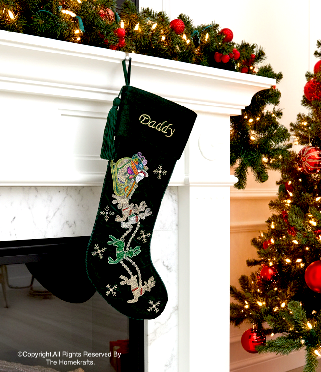 PERSONALISED SANTA CARRIAGE GREEN VELVET CHRISTMAS STOCKING