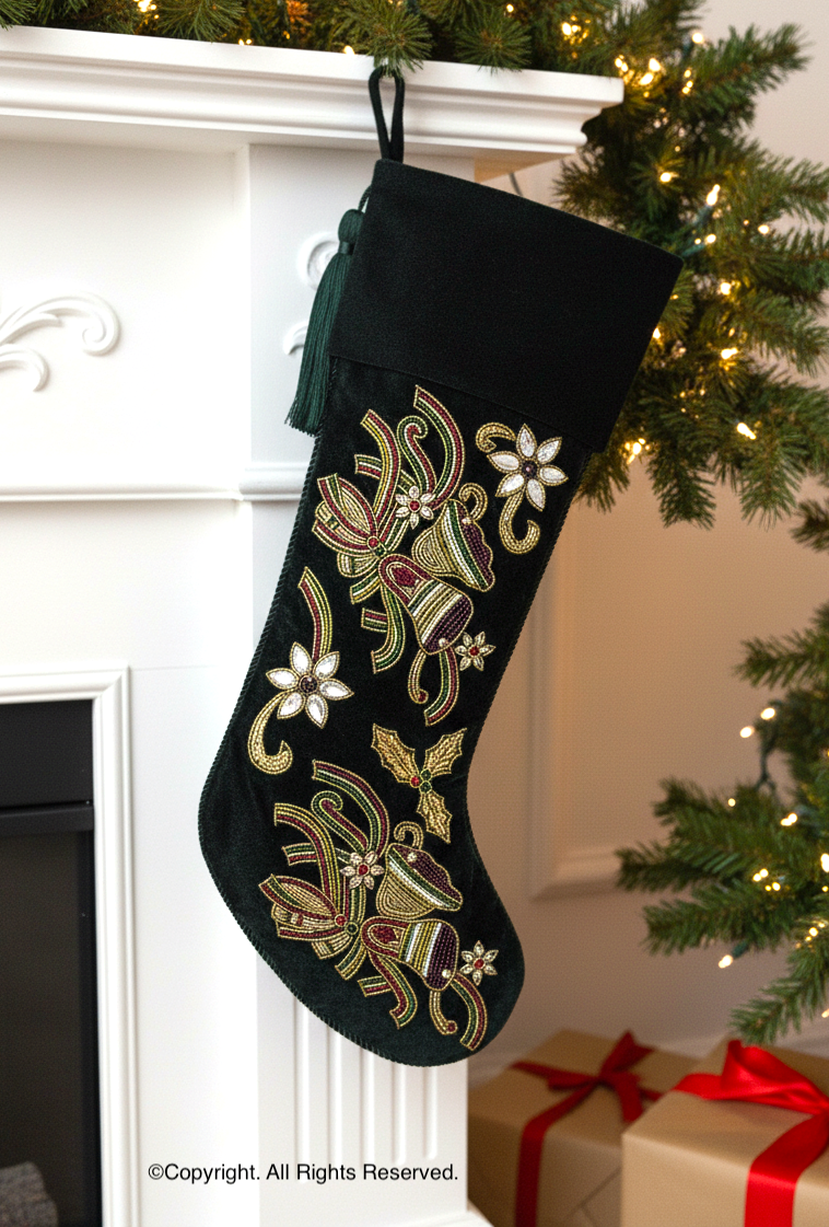 PERSONALISED CHRISTMAS BELLS EMBROIDED GREEN VELVET CHRISTMAS STOCKING
