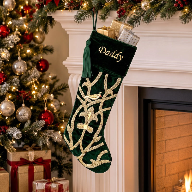 PERSONALISED Partridge Bird Green VELVET CHRISTMAS STOCKING