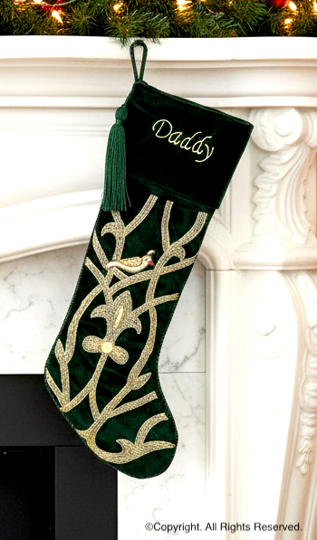 PERSONALISED Partridge Bird Green VELVET CHRISTMAS STOCKING
