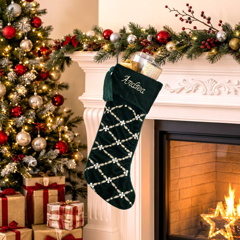 PERSONALISED CRISS CROSS PEARL LEAF GREEN CHRISTMAS STOCKING