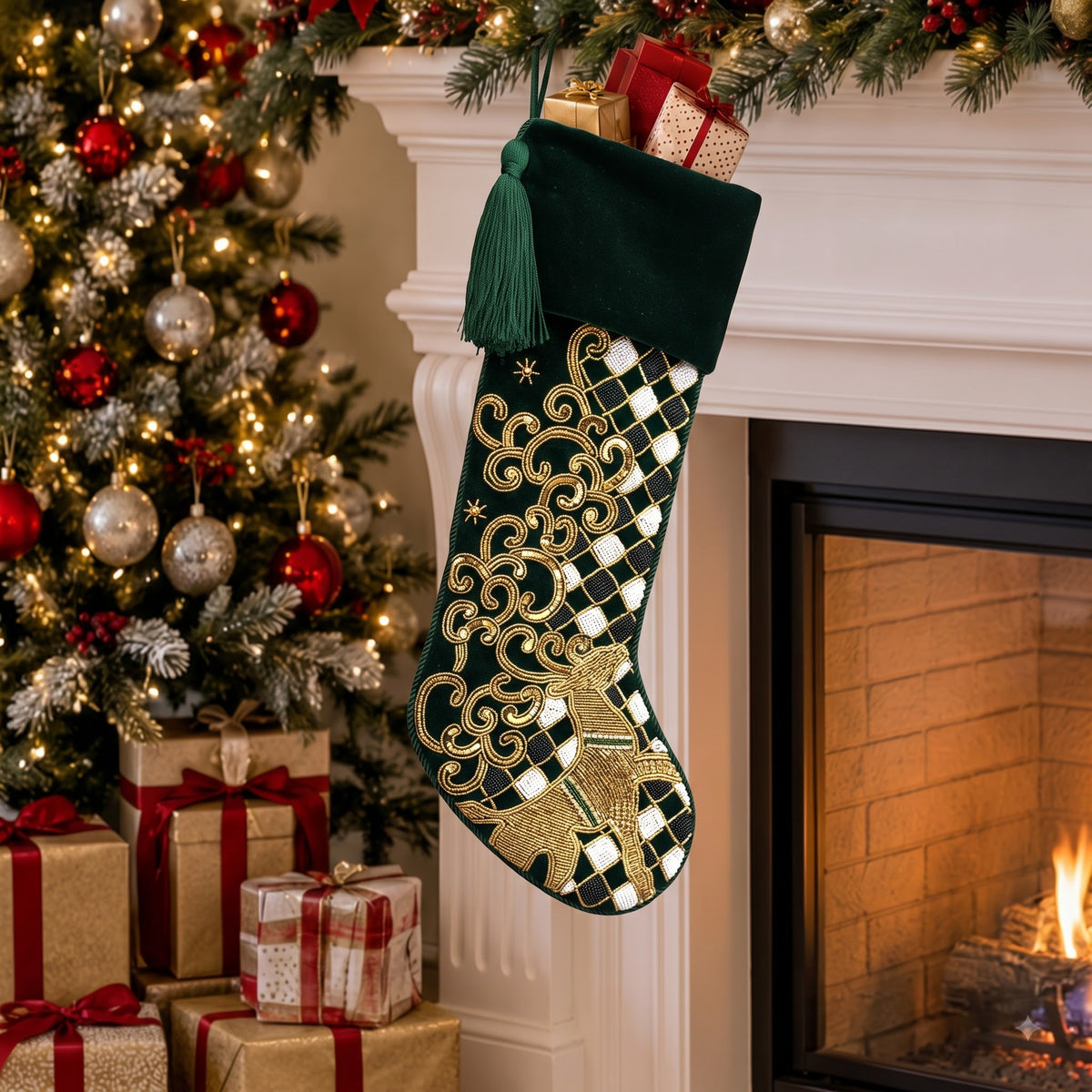 PERSONALISED REINDEER CHECK PARADE GREEN VELVET CHRISTMAS STOCKING