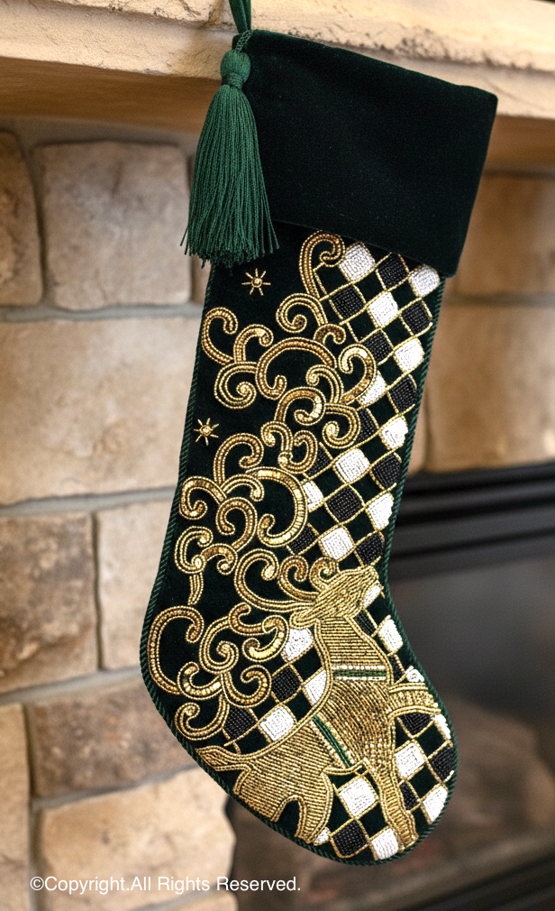 PERSONALISED REINDEER CHECK PARADE GREEN VELVET CHRISTMAS STOCKING