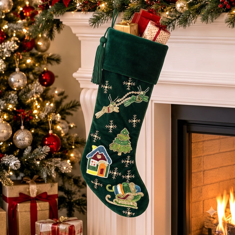 PERSONALISED 'REINDEER OVER THE CITY' GREEN VELVET CHRISTMAS STOCKING