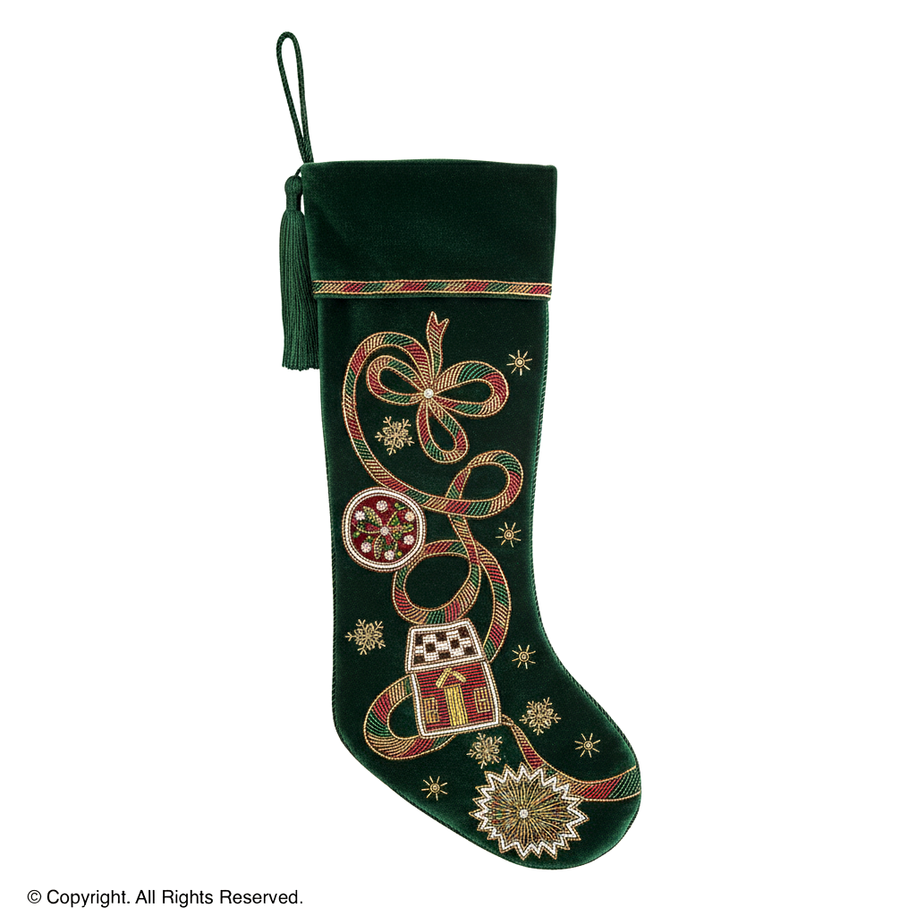 PERSONALISED HOLIDAY RIBBON GREEN VELVET CHRISTMAS STOCKING