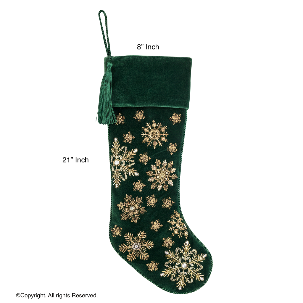 PERSONALISED STARRY SNOWFLAKE GREEN VELVET CHRISTMAS STOCKING