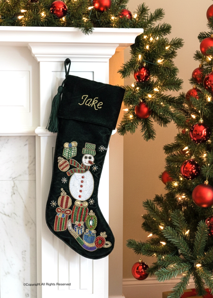 PERSONALISED SNOWMAN GREEN VELVET CHRISTMAS STOCKING