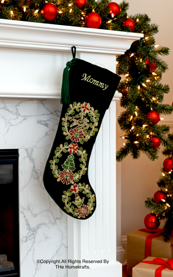 PERSONALISED WREATH Green VELVET CHRISTMAS STOCKING