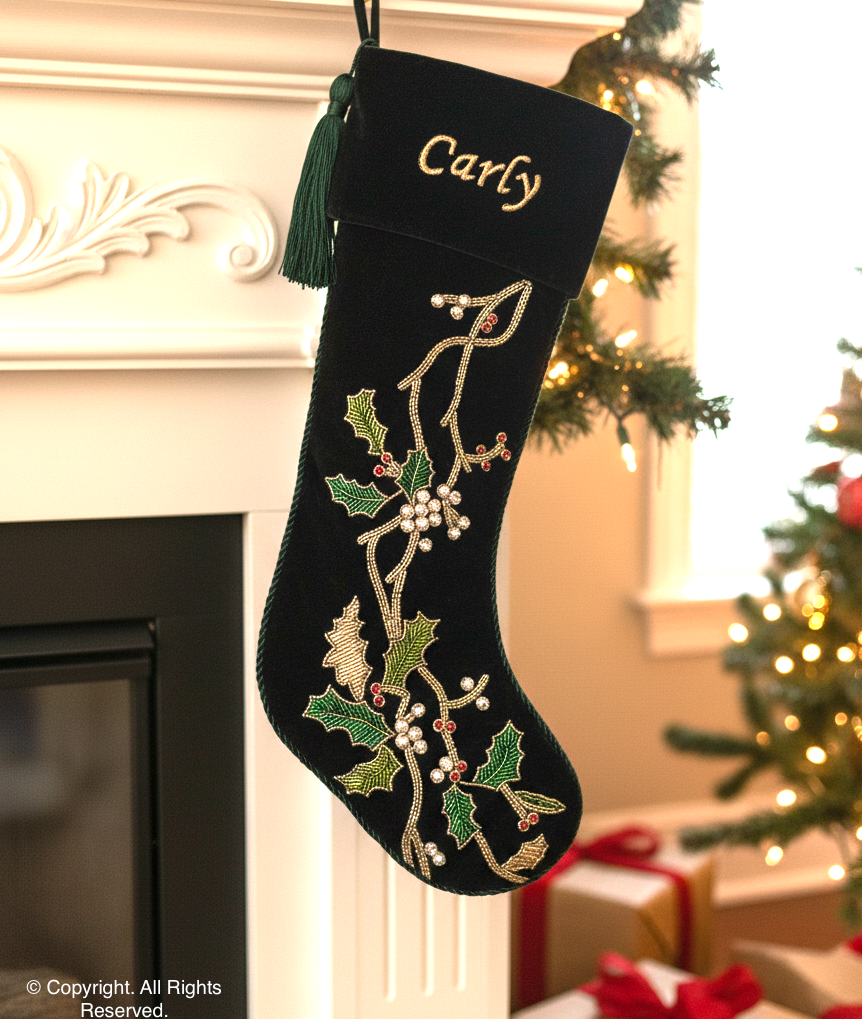 PERSONALISED FLORAL WREATH GREEN CHRISTMAS WREATH STOCKING