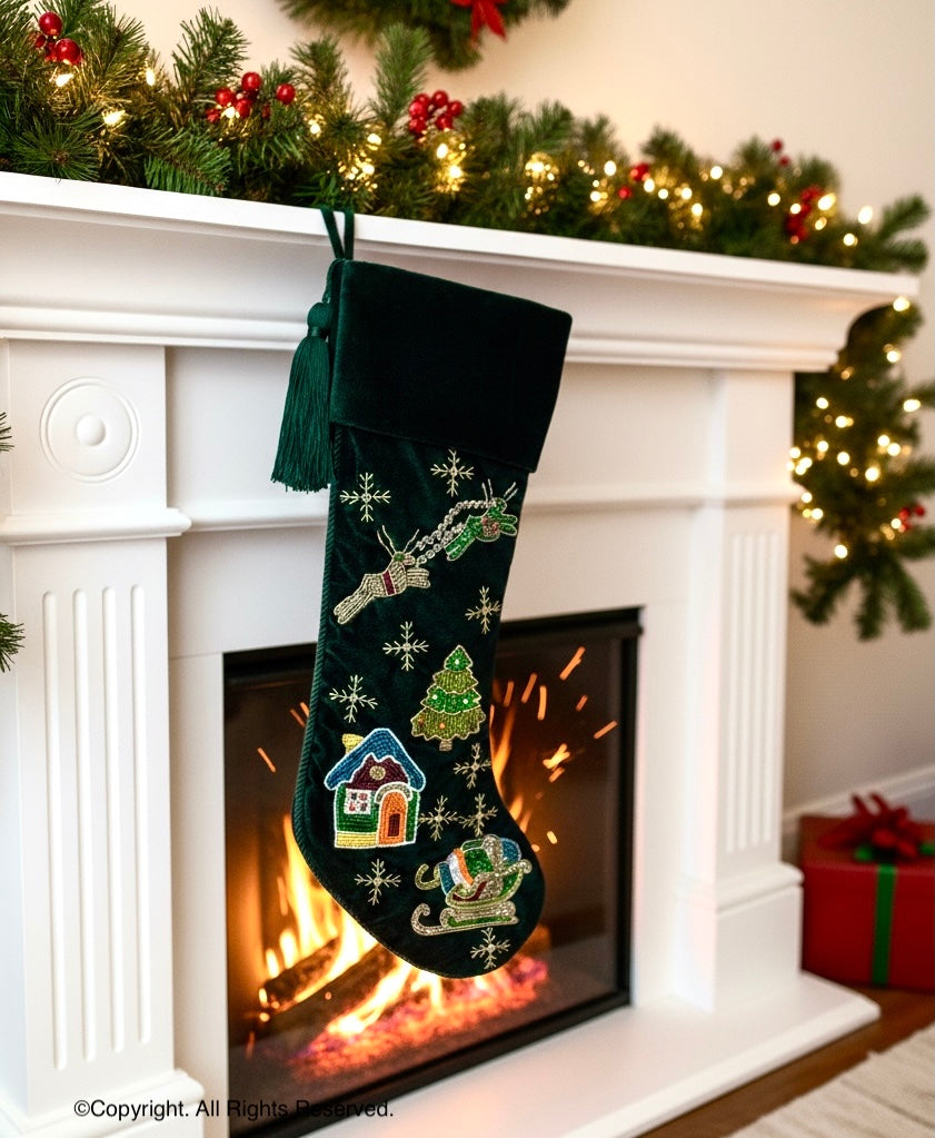 PERSONALISED 'REINDEER OVER THE CITY' GREEN VELVET CHRISTMAS STOCKING