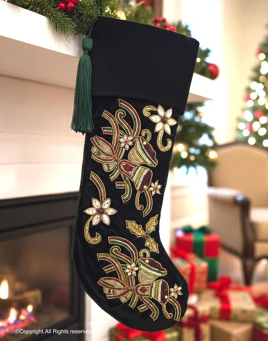 PERSONALISED CHRISTMAS BELLS EMBROIDED GREEN VELVET CHRISTMAS STOCKING