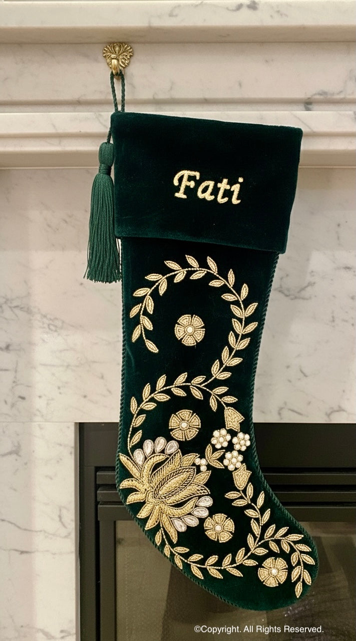 PERSONALISED LOTUS GREEN VELVET CHRISTMAS STOCKING