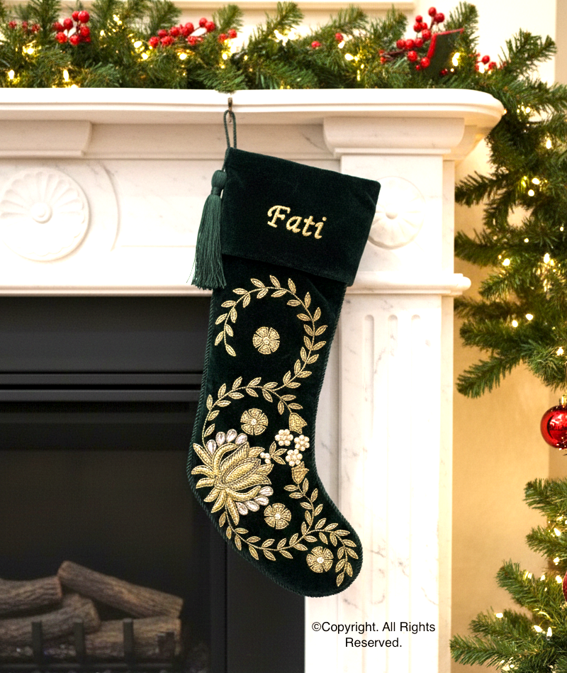 PERSONALISED LOTUS GREEN VELVET CHRISTMAS STOCKING