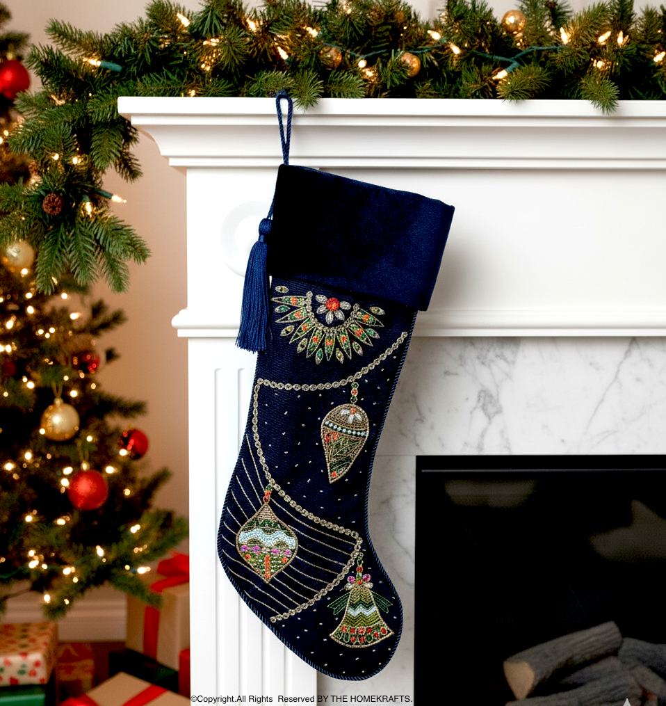 PERSONALISED ORNAMENT CHARM NAVY BLUE VELVET CHRISTMAS STOCKING