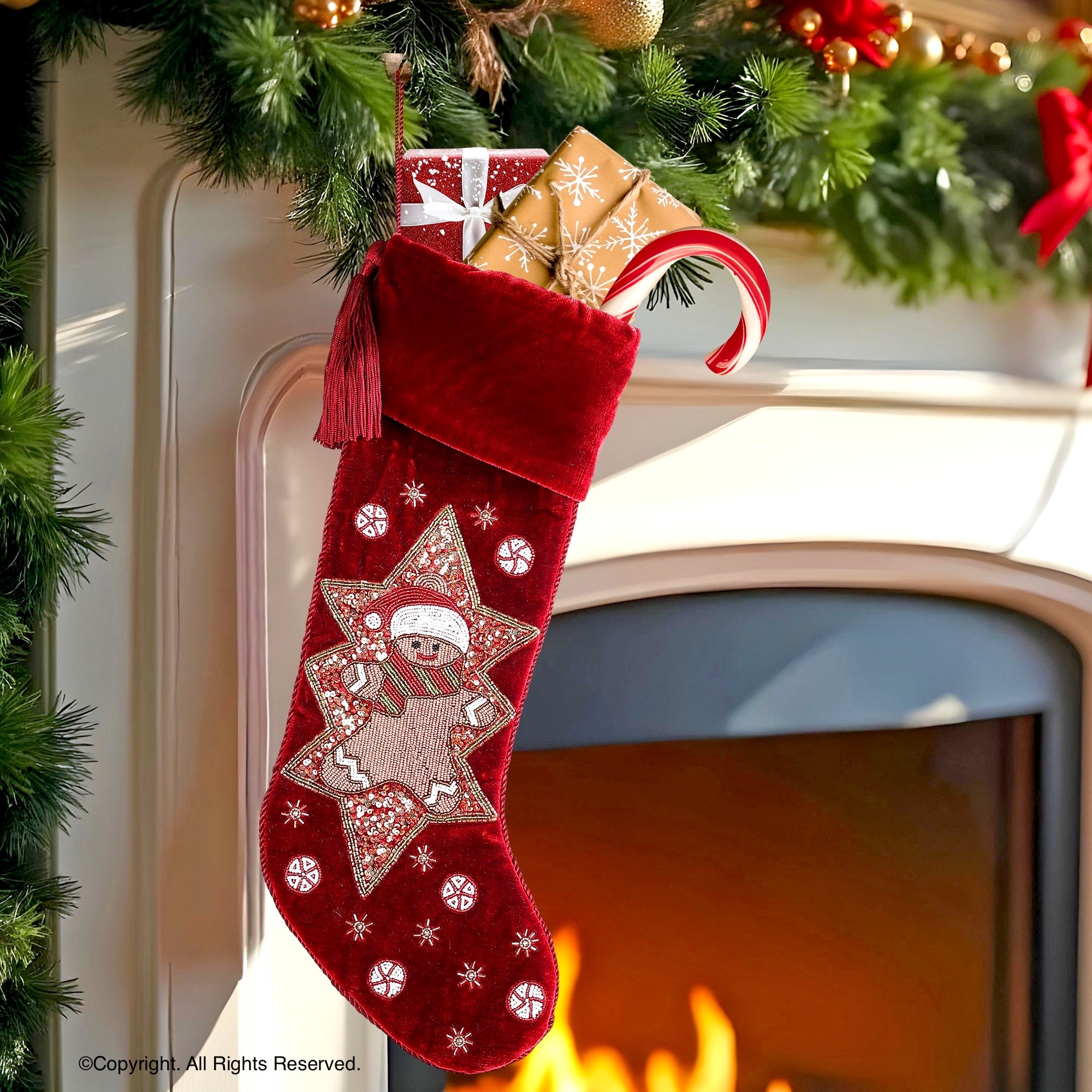 PERSONALISED GINGERBRED STAR RED VELVET CHRISTMAS STOCKING