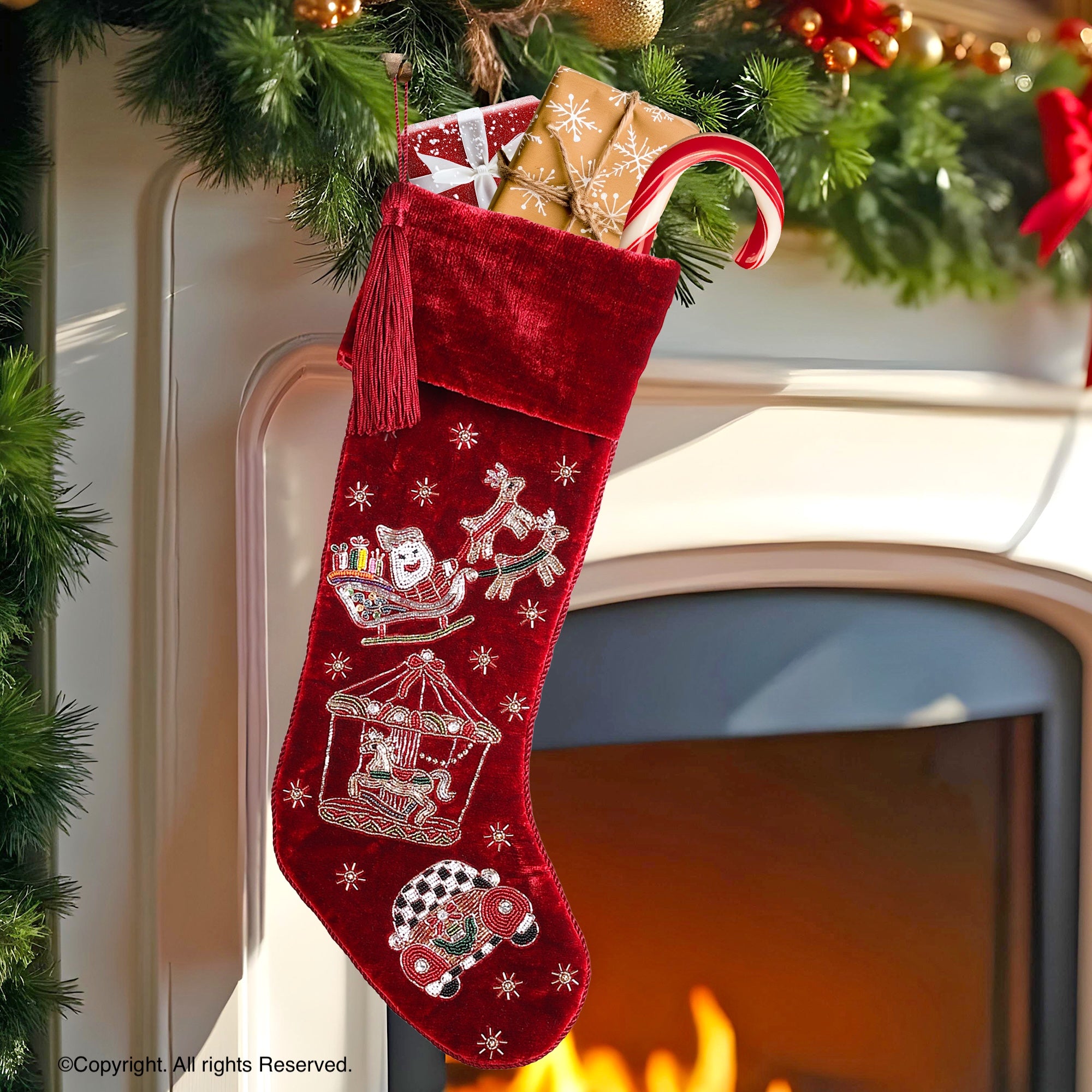 PERSONALISED SANTA HOLIDAY RIDE RED VELVET CHRISTMAS STOCKING