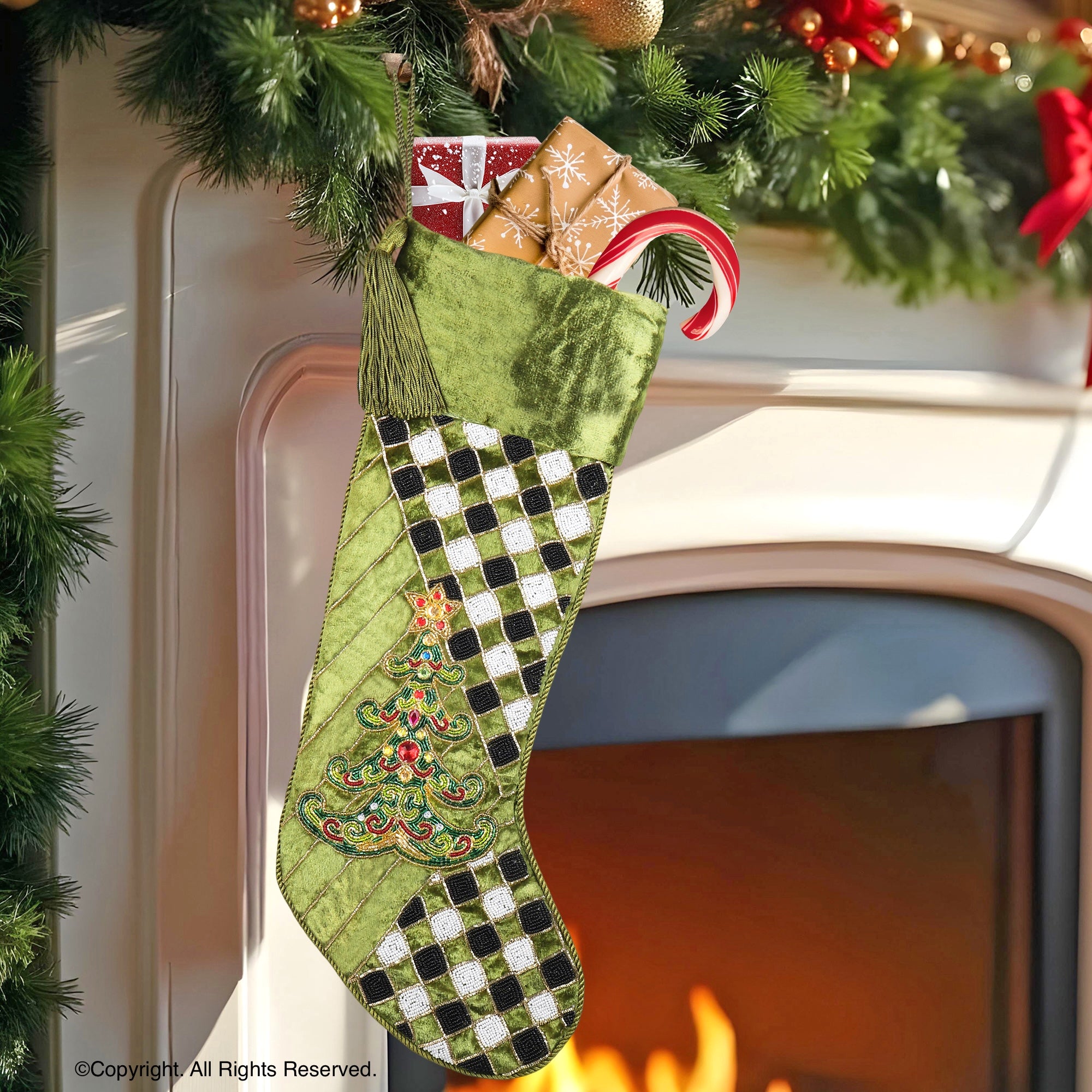 PERSONALISED WHIMSICAL TREE CHECK PARADE GREEN VELVET CHRISTMAS STOCKING